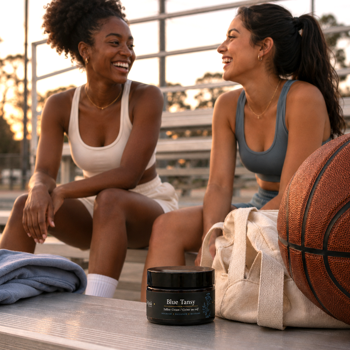 Two women with Blue Tansy Tallow Cream after a workout