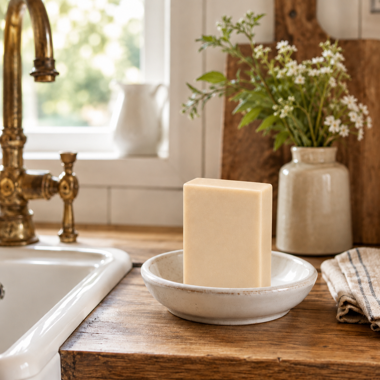 Natural Tallow soap — unboxed cream bar on ceramic dish at farmhouse counter