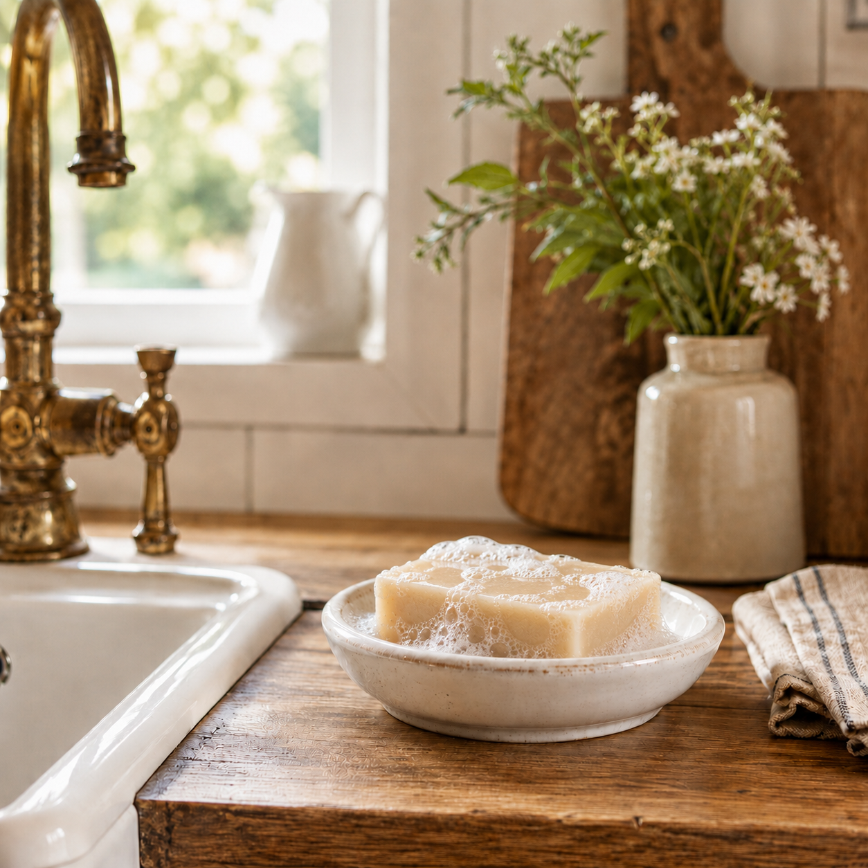 Natural Tallow soap close-up showing creamy lather on ceramic dish