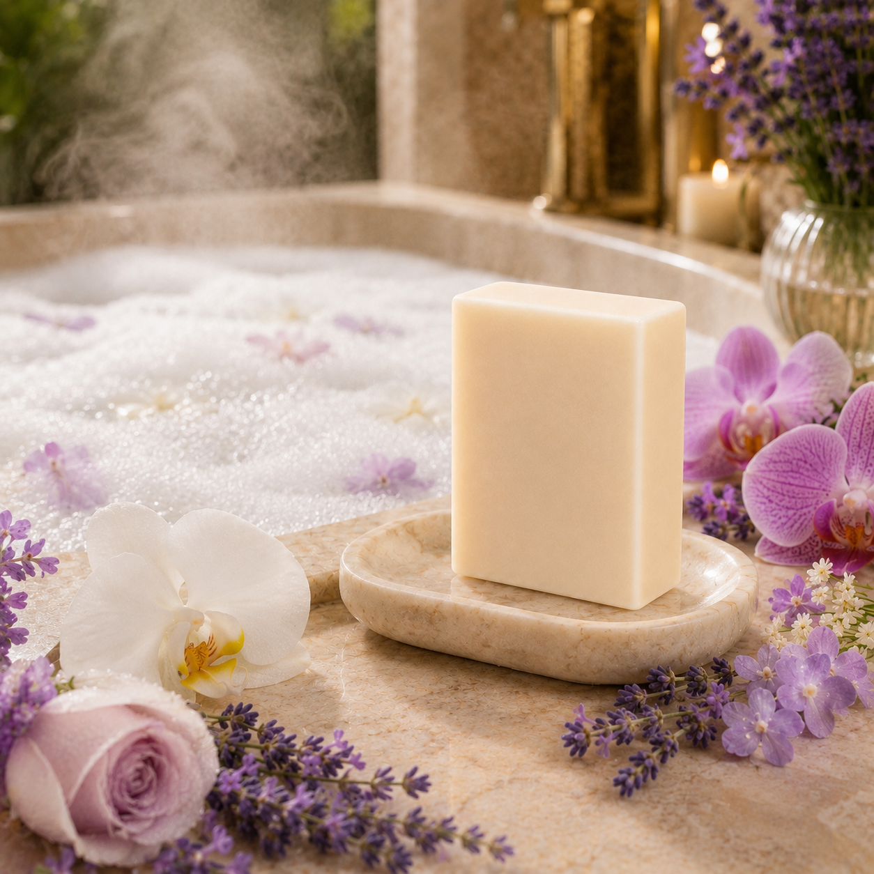 Spa Day tallow soap — unboxed cream bar on marble dish at bubble bath edge