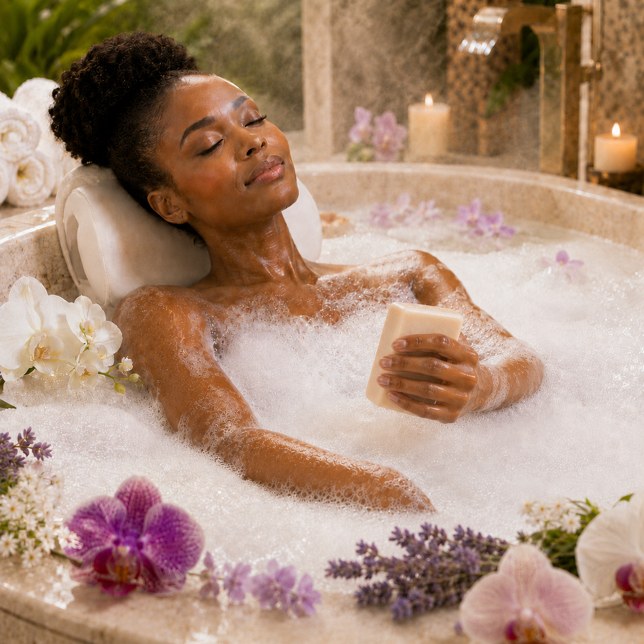 Woman relaxing in bubble bath holding Spa Day soap with orchids and lavender