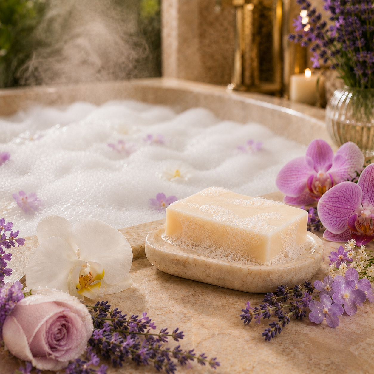 Spa Day soap close-up showing creamy lather on marble dish at bubble bath